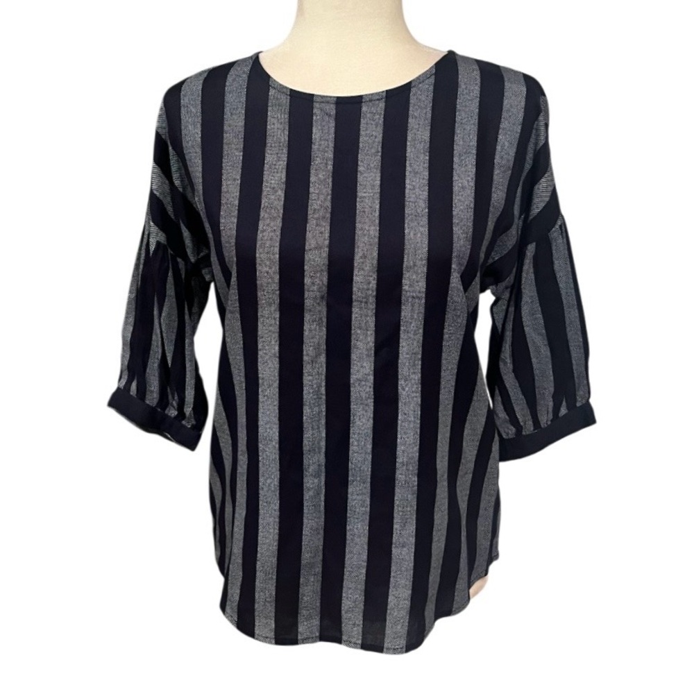 Fame Forever Navy Blue Polka Dot Stripe Elbow Sleeve Blouse
